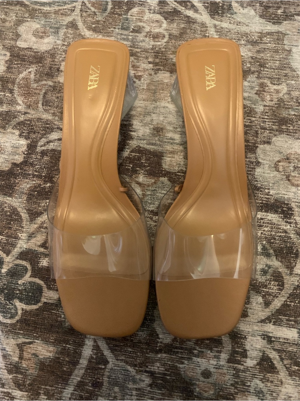 Zara Clear Strap Slide Sandals in Tan